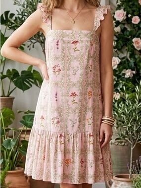 Agua Bendita × Target Floral Tile Print Pink Green Flutter Sleeve Mini Dress NWT